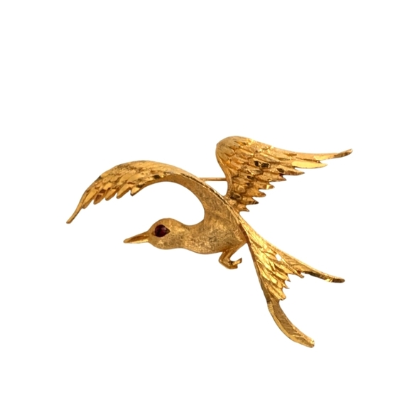 MAMSELLE Signed Flying Crane Gold Brooch Red Jewel Eye - Picture 9 of 12